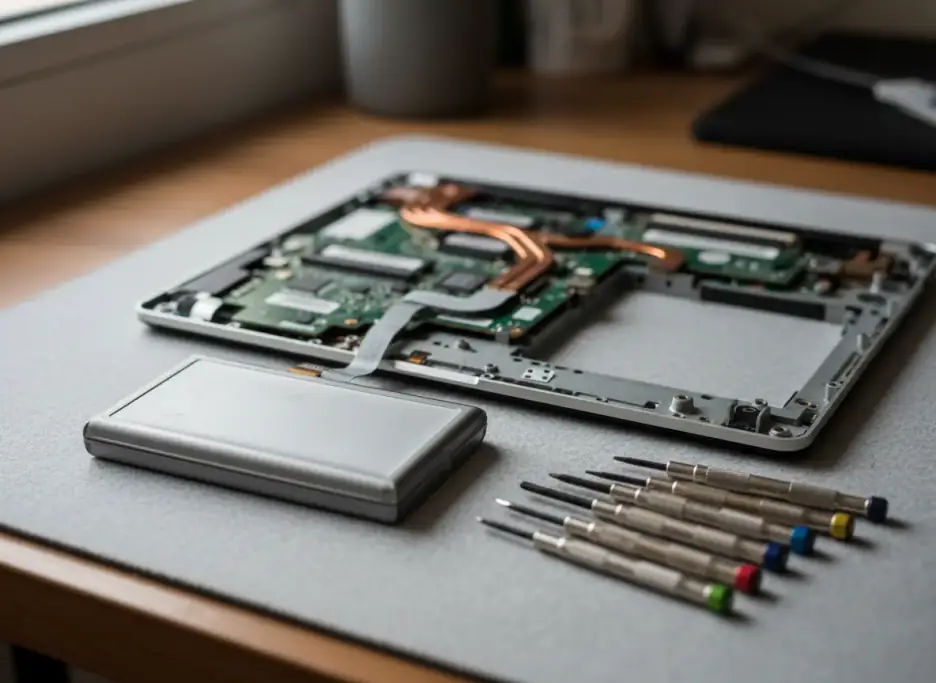 A laptop battery pack removed beside an open laptop on an anti-static mat