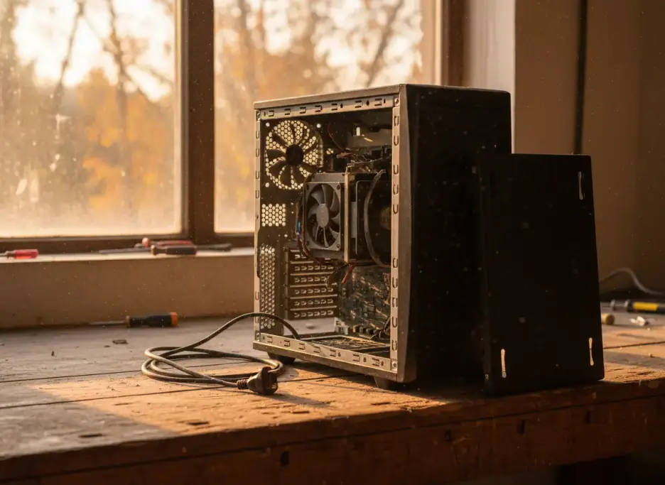 A black desktop tower on a wooden bench by a window, side panel leaning against it