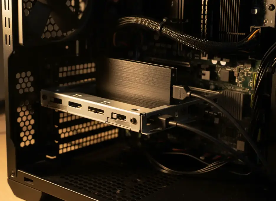 A solid-state drive seated in the drive bay of a desktop case