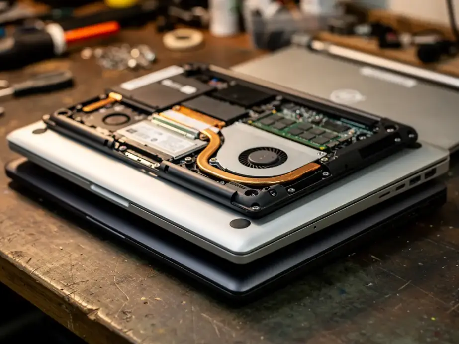 Three laptops stacked on a workbench, the top one open underneath