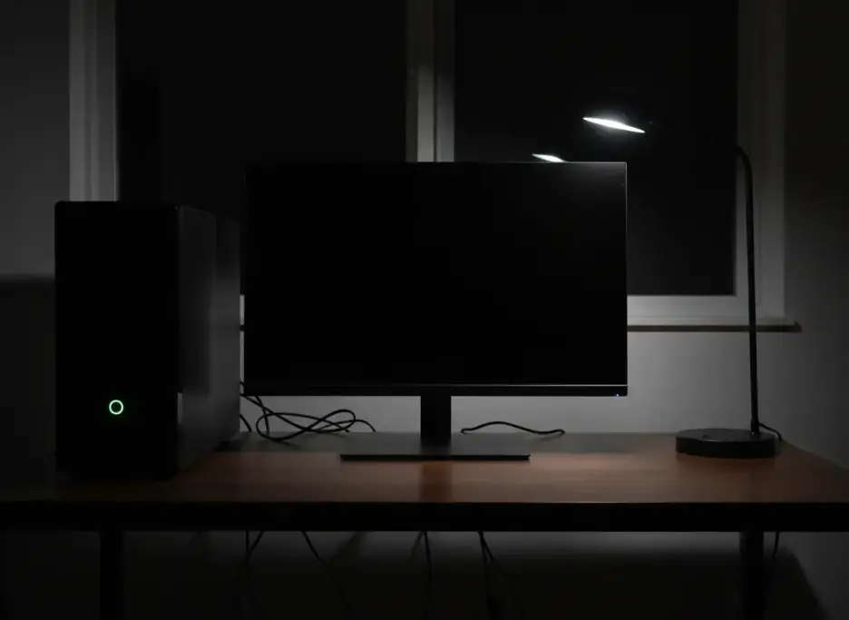 A desktop tower and a switched-off monitor on a home desk at night, one green power light on the tower