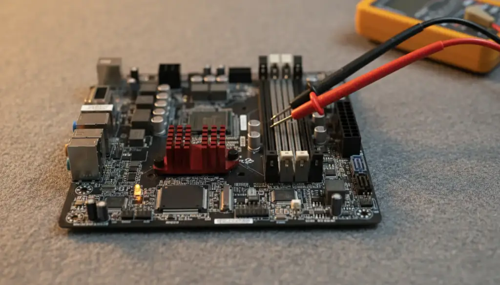 Desktop motherboard on an anti-static mat with multimeter probes on a power connector