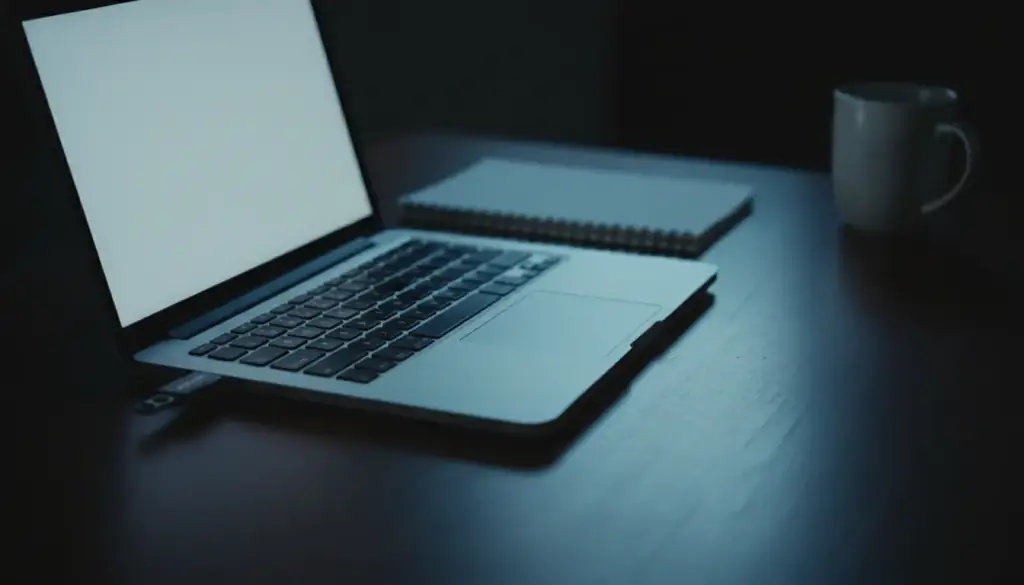 Silver laptop open on a dark desk at night beside a notepad and a mug