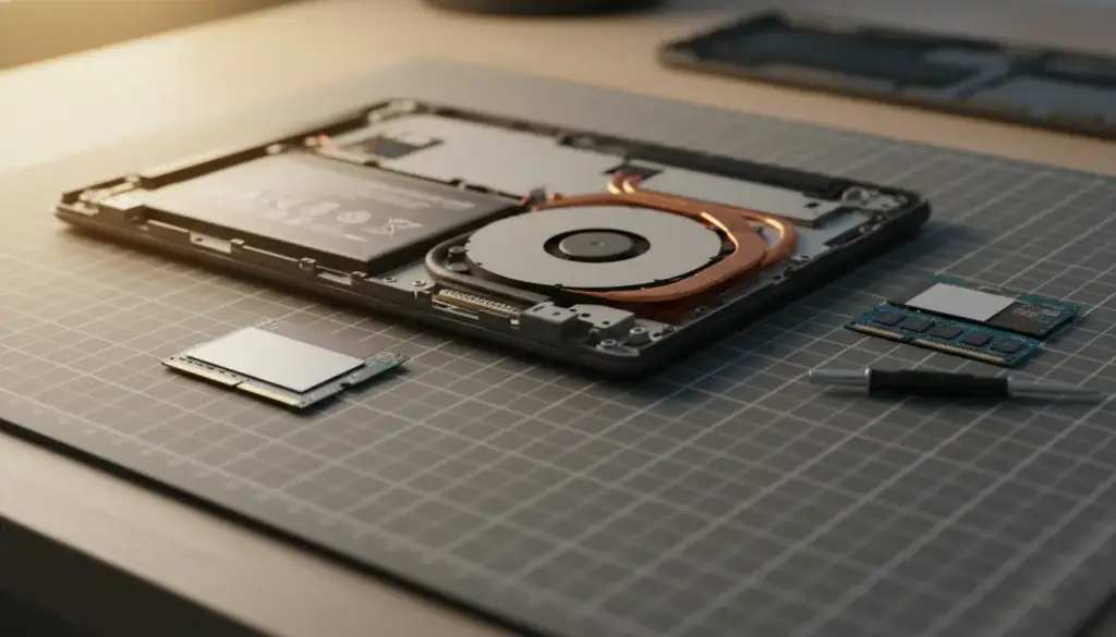 Laptop with its bottom cover off beside a new solid-state drive and two memory modules