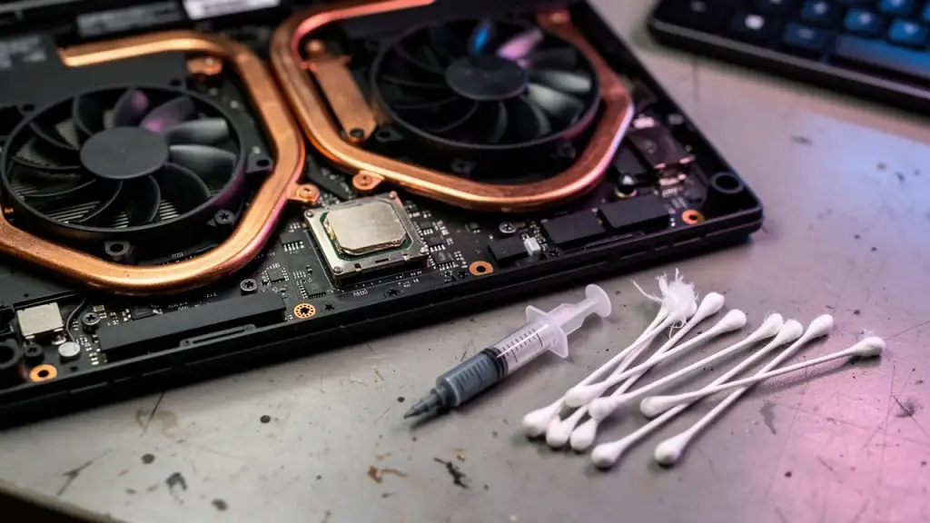 Gaming laptop opened from underneath with copper heat pipes, twin fans and thermal paste